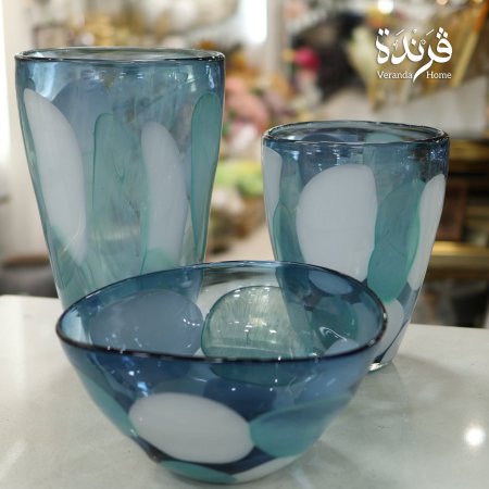 مزهريات زجاج الماني ازرق مع ابيض